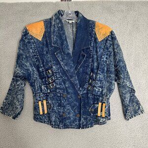 90s Acid Wash Denim Jacket Womens Medium Studded Buckle Accents Western Cowgirl